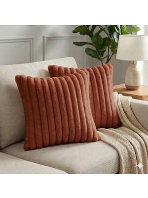 2'li Fitilli Peluş Kırlent Kılıfı 45*45 Kiremit Renk Yumuşak Kadife Yastık Çift Taraflı