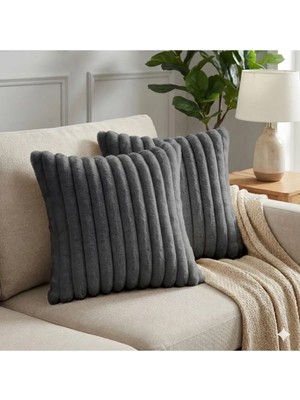 Puff Table 2'li Fitilli Peluş Kırlent Kılıfı 45*45 Antrasit Renk Yumuşak Kadife Yastık Çift Taraflı