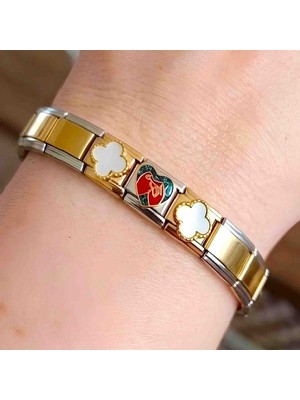 Bontexs Kadın Altın ve Gümüş Renk Geçişli Italyan Charm Bileklik - Yonca ve Kalp Figürlü Modüler Tasarım