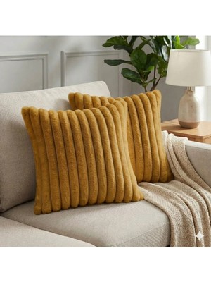 2'li Fitilli Peluş Kırlent Kılıfı 45*45 Sarı Renk Yumuşak Kadife Yastık Çift Taraflı