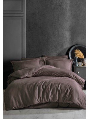 Elma Shop Çizgili Tek Kişilik Saten Nev Takımı Koyu Kahve