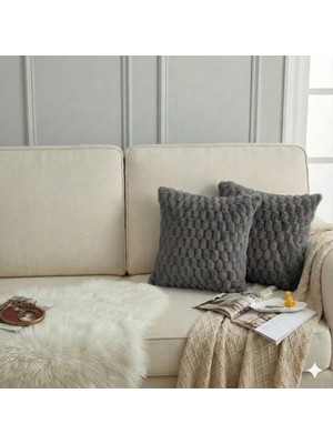 2'li Peluş Petek Tavşan Kırlent Kılıfı 45*45 Antrasit Renk Yumuşak Kadife Yastık Çift Taraflı