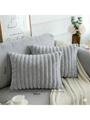 2'li Fitilli Peluş Kırlent Kılıfı 35*50 Açık Gri Renk Yumuşak Kadife Yastık Çift Taraflı