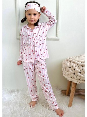 Lillypicca Kız Çocuk Kalpli desenli Pamuklu Düğmeli Pijama Takımı Göz Bantlı