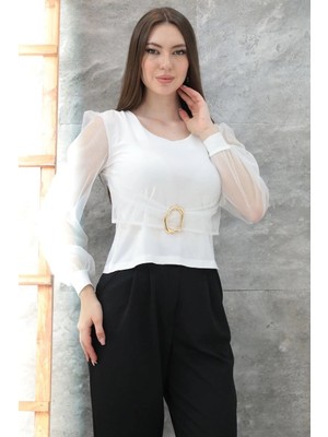 Elma Shop Tokalı Tül Kollu Bluz Beyaz