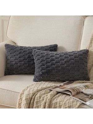 2'li Peluş Petek Tavşan Kırlent Kılıfı 35*50 Antrasit Renk Yumuşak Kadife Yastık Çift Taraflı