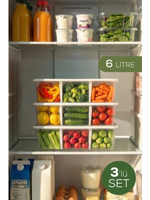 Vienev 3'lü Ayarlanabilir 3 Bölmeli Saklama Kabı 6 Lt | Buzdolabı Çekmece Düzenleyici Organizer Kutu