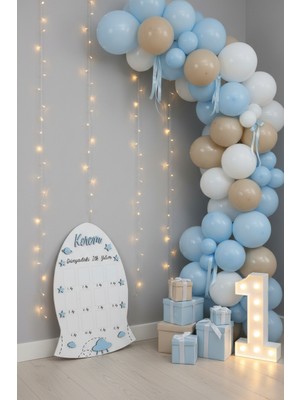 Gralanda Uzay Temalı Mavi Renkli Ahşap Ilk Yılım Anı Panosu, 12 Aylık Bebek Fotoğraf Hatırası Doğum Günü Süsü