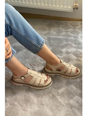 Les Passent Kadın Desma Bej Kafes Model Vardola Deyatlı  Kalın Taban Ortopedik  Sandalet  K-140