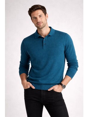 Essentıal Wear Erkek Petrol Mavisi Uzun Kollu Polo Yaka Triko Kazak