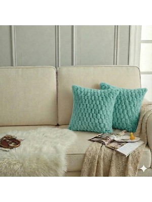 2'li Peluş Petek Tavşan Kırlent Kılıfı 45*45 Su Yeşili Renk Yumuşak Kadife Yastık Çift Taraflı