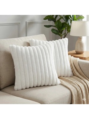 2'li Fitilli Peluş Kırlent Kılıfı 45*45 Ekru Renk Yumuşak Kadife Yastık Çift Taraflı