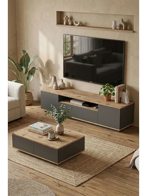 Robin Home Loft Tv Ünitesi Orta Sehpa 2'li Set Çam-Antrasit