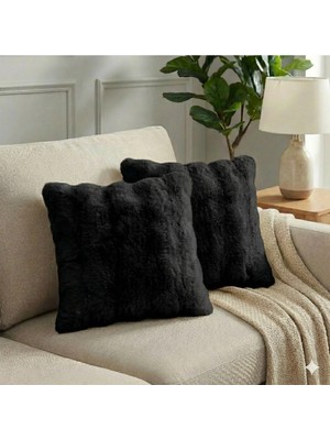 2'li Peluş Bubble Kırlent Kılıfı 45*45 Siyah Renk Yumuşak Kadife Yastık Çift Taraflı