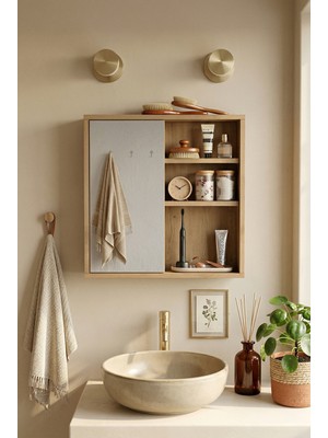 Robin Home Aqua Aynalı Lavabo Üstü Banyo Dolabı Raflı Kapaklı 60 cm Sepet