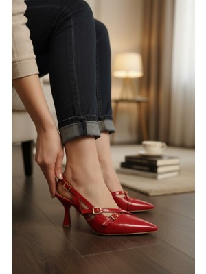 Enoch Kadın Kırmızı Parlak Doku Çoklu Gold Tokalı Kadeh Topuklu Arkası Açık Klasik Stiletto