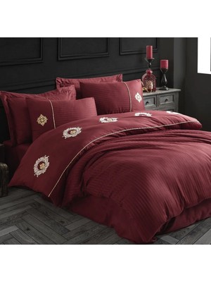 Elma Shop Elegant Nakışlı Pamuk Saten Çift Kişilik Nev Takımı Olimpos Bordo