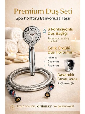 Suvia Duş Seti Premium 3 Fonksiyonlu – Spa Etkili Duş Başlığı, Çelik Örgülü Kırılmaz Hortum, Duvar Askılı