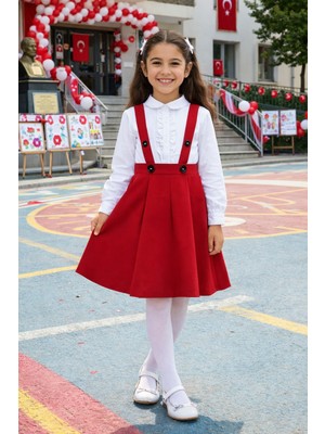 tinytrends Kız Çocuk Salopetli Etek ve Beyaz Gömlek 23 Nisan Gösteri Elbise Takım (Külotlu Çorap Hediyeli)