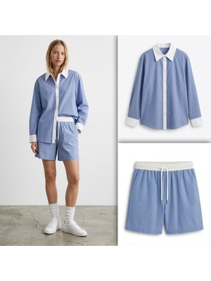 Kadın Kontrast Yakalı Çizgili Şort Gömlek Takım