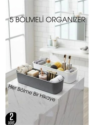 Twin Store 5 Bölmeli Banyo Makyaj Organizer Kutusu Gri & Beyaz 2’li Set Tezgah Üstü Düzenleyi