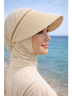 Aydın Şapkacınız Krem Güneş Koruyucu Ithal Şeritli Hasır Vizör Şapka Tesettüre Uygun Taç Model Yazlık  Şapka