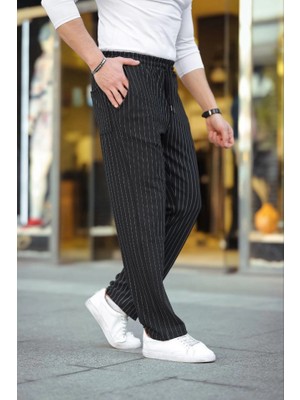 Marsilyan Erkek Cizgili Dokuma Krep Jogger Buggy Pantalon Rahat Kalıp - Siyah