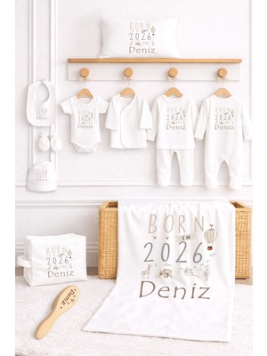 Sitilin Born In 2026 %100 Pamuk Organik Isim Baskılı Yenidoğan Hastane Çıkışı Fırça Bebek Hediyesi