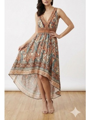 Kadın Askılı Derin Göğüs Detaylı Asimetrik Detaylı Süprem Elbise