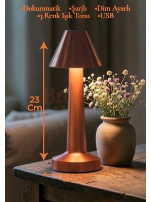 Brokoli Home Dokunmatik Masa ve Gece Lambası Dokunmatik Lamba Abajur LED Şarjlı Masa Lambası Ledli Rose Gold 23CM