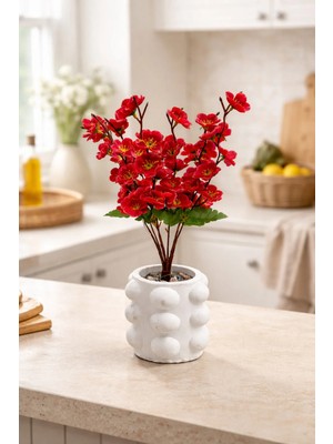 Lineva Beton Bubble Saksıda Kırmızı Bahar Dalı Yapay Çiçek – Dekoratif Masa Üstü Salon Ofis Çiçeği