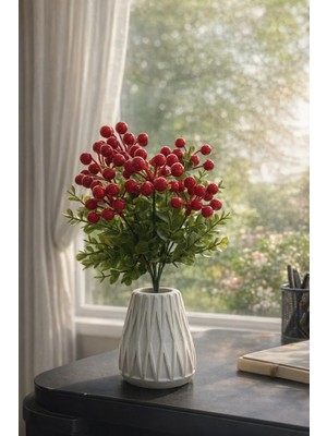 Lineva Beton Saksıda Yapay Kokina Çiçeği Dekoratif Kırmızı Meyveli Ev Ofis Masa Üstü Bitki