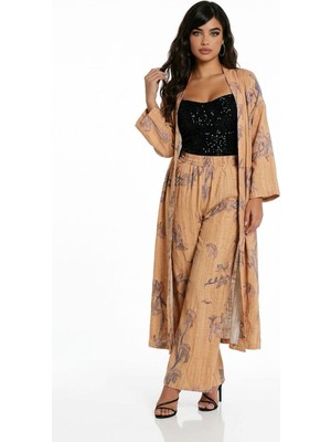 Kadın Desenli Kimono Gömlek Pantolon Takım Trend Alt Üst Takım