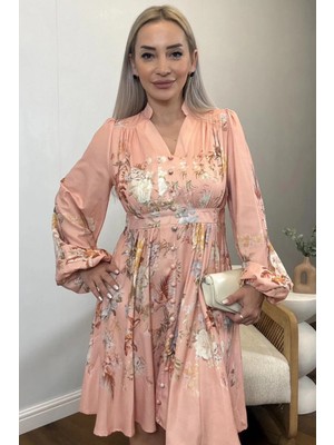 Muna Boutique Viktorya Esintili Pudra Çiçek Desenli Ithal Mini Kadın Elbise