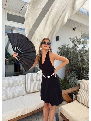 Premium Sırt Dekolteli Halter Yaka Keten Mini Elbise