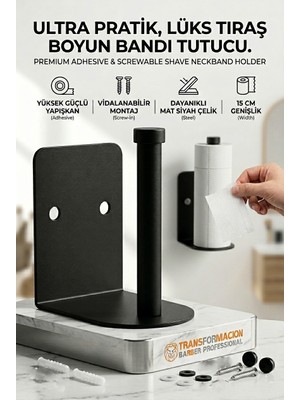 Transformacion Mat Siyah Metal Berber Boyun Kağıdı Tutucu Askısı 1 Parça Yapışkanlı ve Vidalı 723023 Metal Malzeme