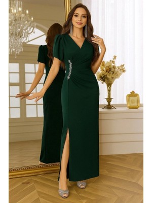 Kadın Kısa Kollu Kruvaze Yakalı Belden Çiçek Aksesuarlı Yırtmaçlı Ithal Krep Elbise