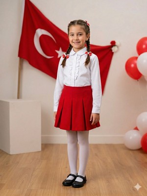 tinytrends Kız Çocuk Kırmızı Beyaz 23 Nisan Gösteri Elbise Kombin Alt Üst Takım (Külotlu Çorap Hediyeli)