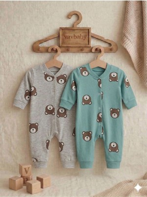 Vavbaby Ayıcık Desenli Pamuklu Bebek Tulum Seti - 2’li Paket (Yeşil-Gri)