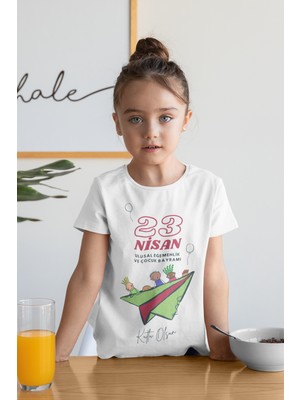 Ontunew 23 Nisan Baskılı Bisiklet Yaka Pamuklu Kısa Kollu Erkek ve Kız Çocuk Tişört