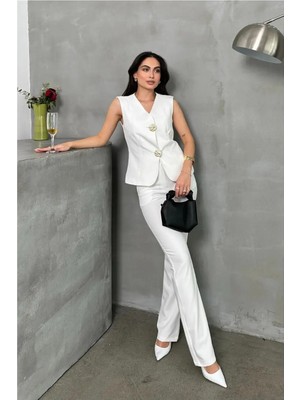 Gold Düğme Detaylı Kolsuz Takım