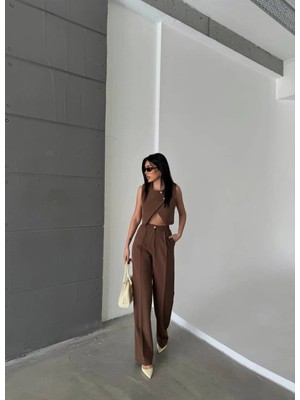 Castivo Fashion Asimetrik Düğme Detaylı Crop Yelekli Yüksek Bel Palazzo Takım