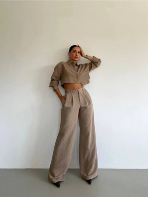 369 Etnik Butik Çizgili Crop Gömlek & Bol Paça Pantolon Takım - Ikili Takım