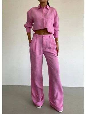 369 Etnik Butik Çizgili Crop Gömlek & Bol Paça Pantolon Takım - Ikili Takım