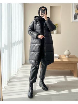 Modamorfo Kapşonlu Bağcık Detaylı Fermuarlı Şişme Mont -Siyah