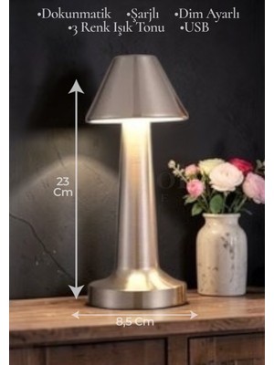 Brokoli Home Dokunmatik Masa ve Gece Lambası Dokunmatik Lamba Abajur LED Şarjlı Masa Lambası Ledli Silver 23CM