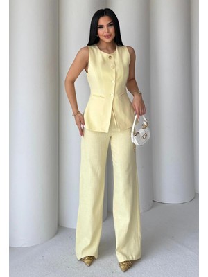 Kolsuz Düğmeli Ceket ve Palazzo Pantolon