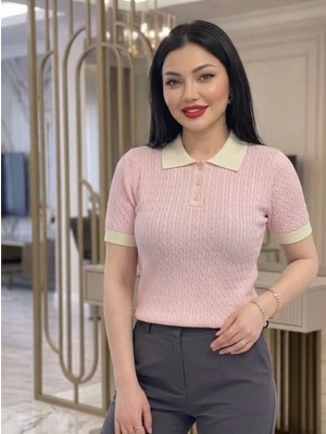 Abba1 Bayan Polo Yaka Yumuşak Dokulu Saç Örgü Desenli Triko Üst T-Shirt