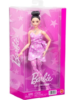 Barbie Deluxe Stil Moda Bebeği #11 - Yıldız Desenli Pembe Denim Elbise ve Topuz Saçlı