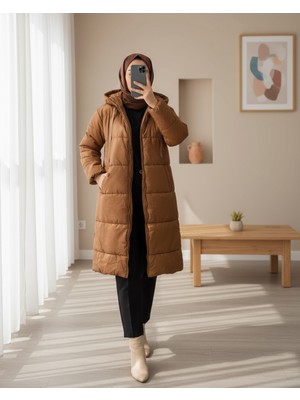 Modamorfo Kapşonlu Bağcık Detaylı Fermuarlı Şişme Mont -Taba